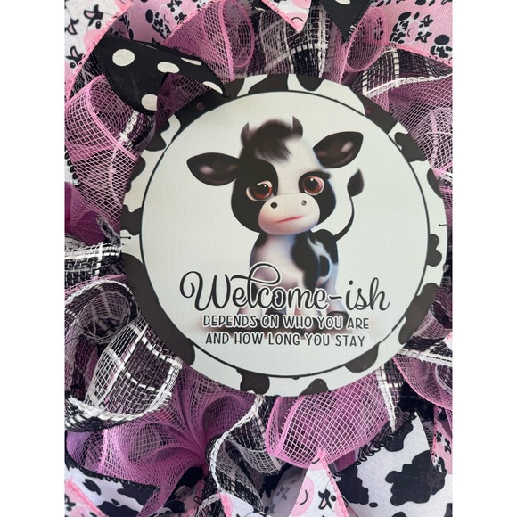 Pink Black Cow Welcome-ish Mesh Ribbon Spring Wreath Front Door Hanger Decor - Picture 7 of 8